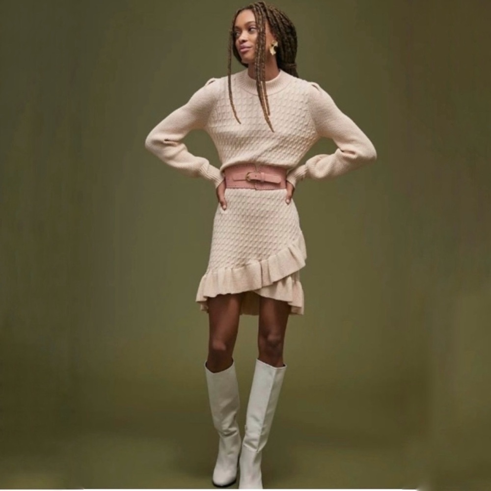Anthropologie Flat White Cable Knit Cream Ruffle Sweater Dress NWT Size XS